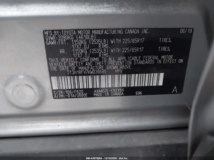 2019 Toyota Rav4 Le VIN: 2T3H1RFV7KW038685 Lot: 43978284