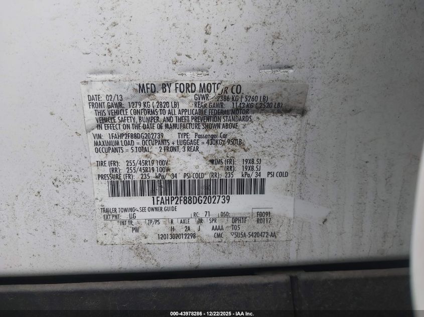 2013 Ford Taurus Limited VIN: 1FAHP2F88DG202739 Lot: 43978286