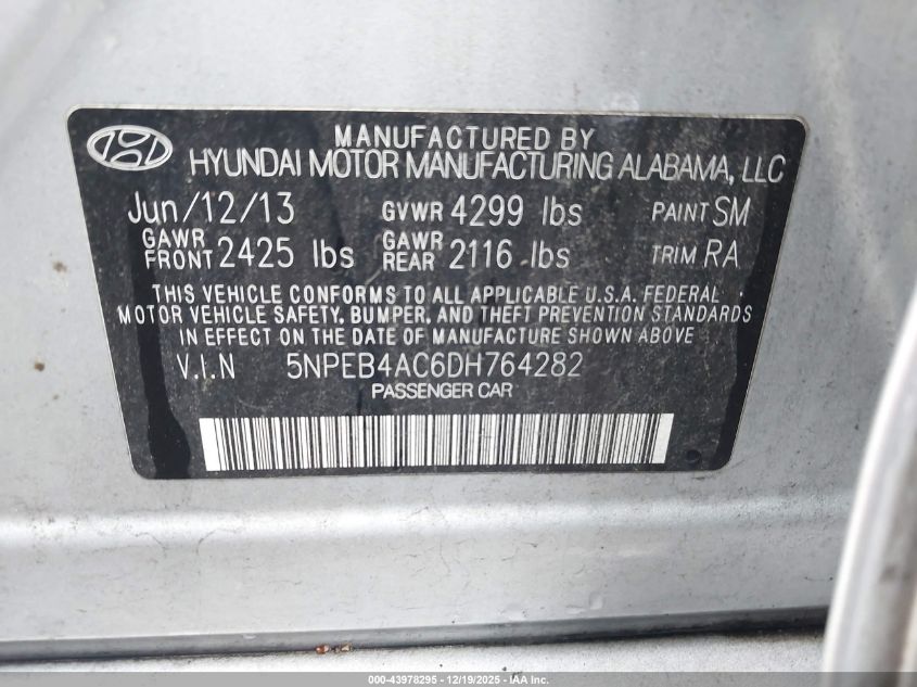 2013 Hyundai Sonata Gls VIN: 5NPEB4AC6DH764282 Lot: 43978295