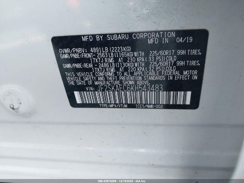 2019 Subaru Forester Premium VIN: JF2SKAEC6KH543483 Lot: 43978296