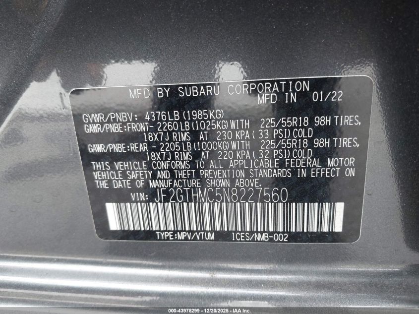 2022 Subaru Crosstrek Limited VIN: JF2GTHMC5N8227560 Lot: 43978299