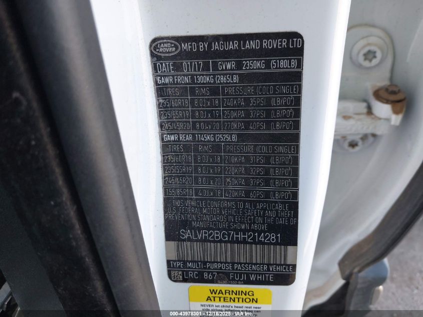 2017 Land Rover Range Rover Evoque Hse VIN: SALVR2BG7HH214281 Lot: 43978301