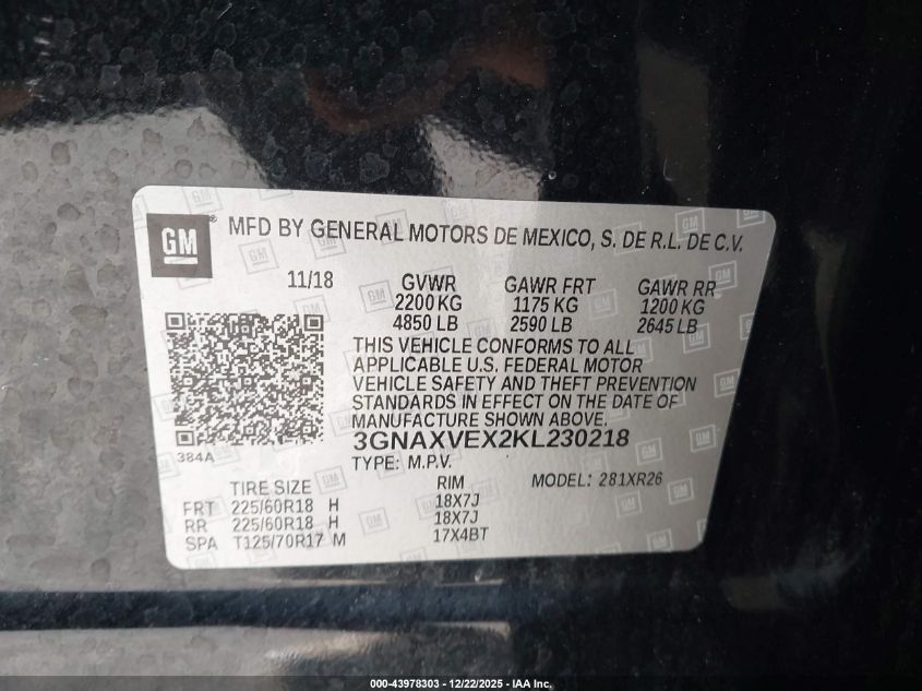 2019 Chevrolet Equinox Lt VIN: 3GNAXVEX2KL230218 Lot: 43978303