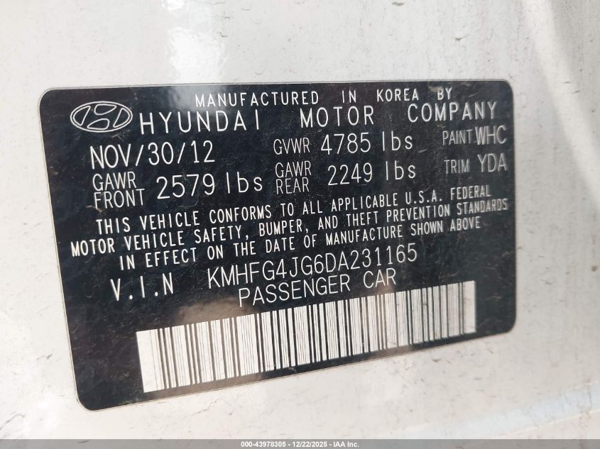 2013 Hyundai Azera VIN: KMHFG4JG6DA231165 Lot: 43978305