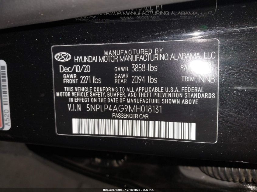 2021 Hyundai Elantra Limited VIN: 5NPLP4AG9MH018131 Lot: 43978306
