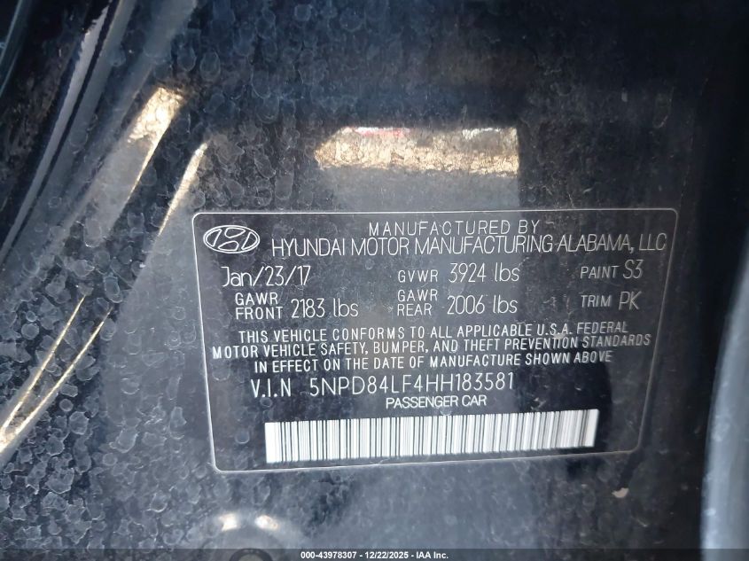 2017 Hyundai Elantra Se VIN: 5NPD84LF4HH183581 Lot: 43978307