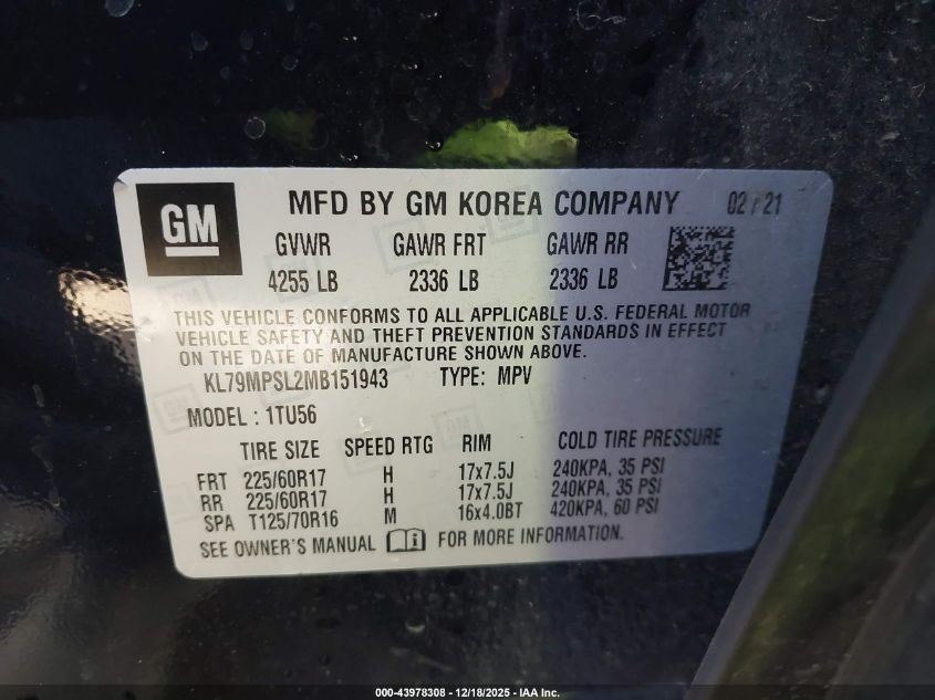 2021 Chevrolet Trailblazer Fwd Lt VIN: KL79MPSL2MB151943 Lot: 43978308