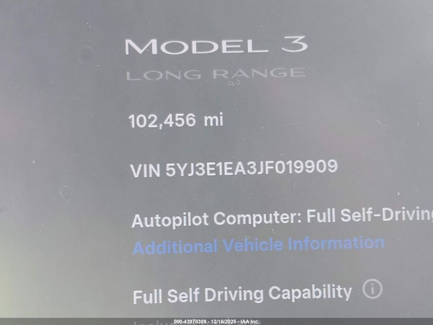 2018 Tesla Model 3 Long Range/Mid Range VIN: 5YJ3E1EA3JF019909 Lot: 43978309