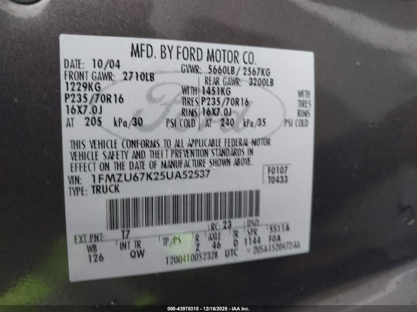 2005 Ford Explorer Sport Trac Adrenalin/Xls/Xlt VIN: 1FMZU67K25UA52537 Lot: 43978315