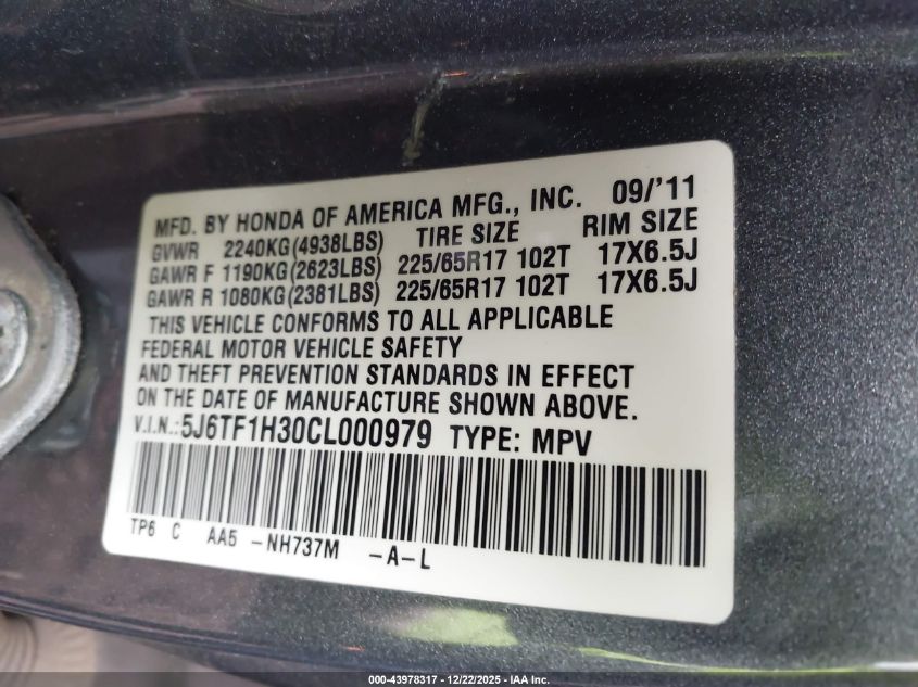 2012 Honda Crosstour Ex VIN: 5J6TF1H30CL000979 Lot: 43978317