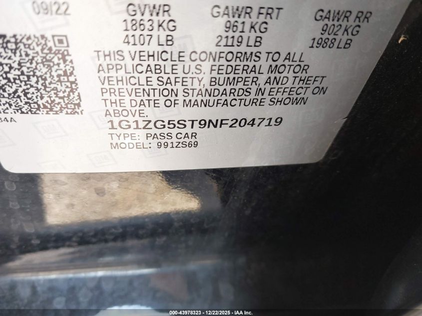 2022 Chevrolet Malibu Fwd Rs VIN: 1G1ZG5ST9NF204719 Lot: 43978323