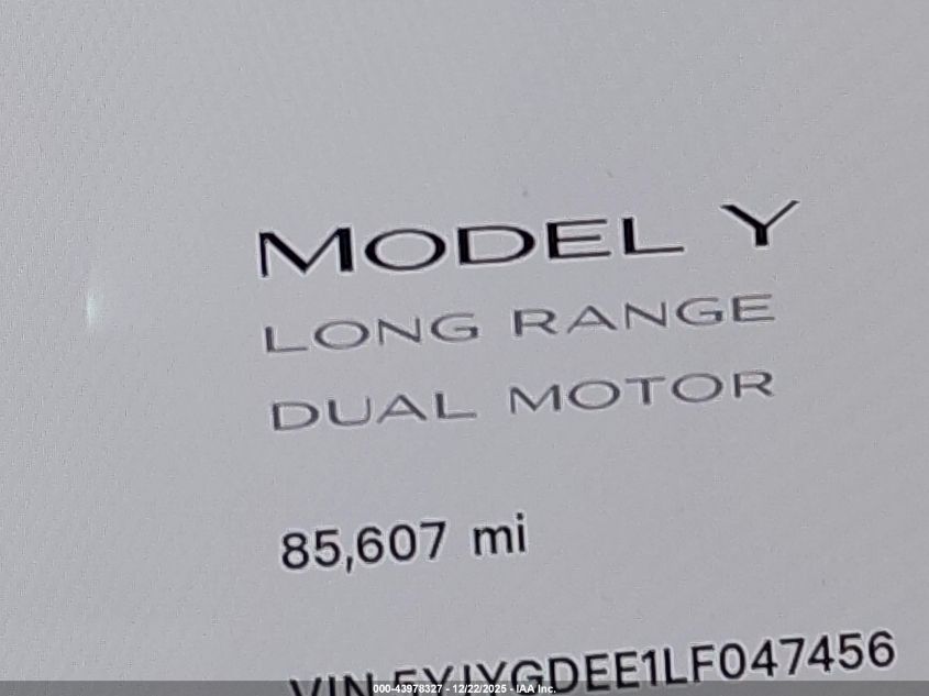 2020 Tesla Model Y Long Range Dual Motor All-Wheel Drive VIN: 5YJYGDEE1LF047456 Lot: 43978327