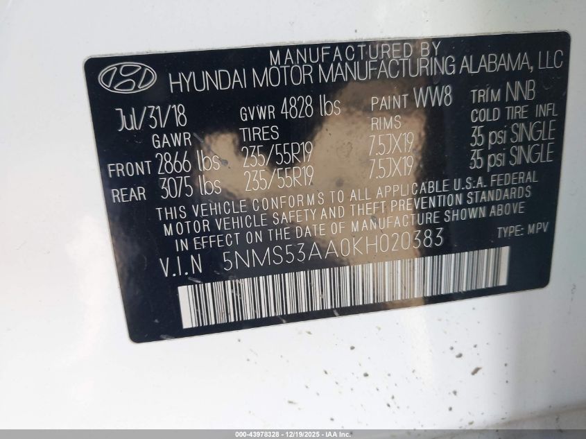 2019 Hyundai Santa Fe Ultimate 2.0T VIN: 5NMS53AA0KH020383 Lot: 43978328