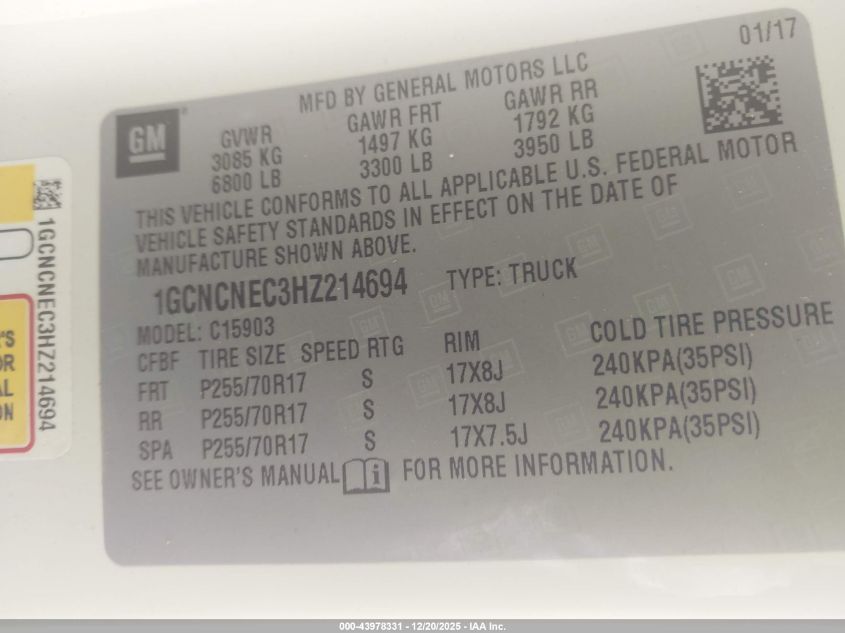 2017 Chevrolet Silverado 1500 Wt VIN: 1GCNCNEC3HZ214694 Lot: 43978331