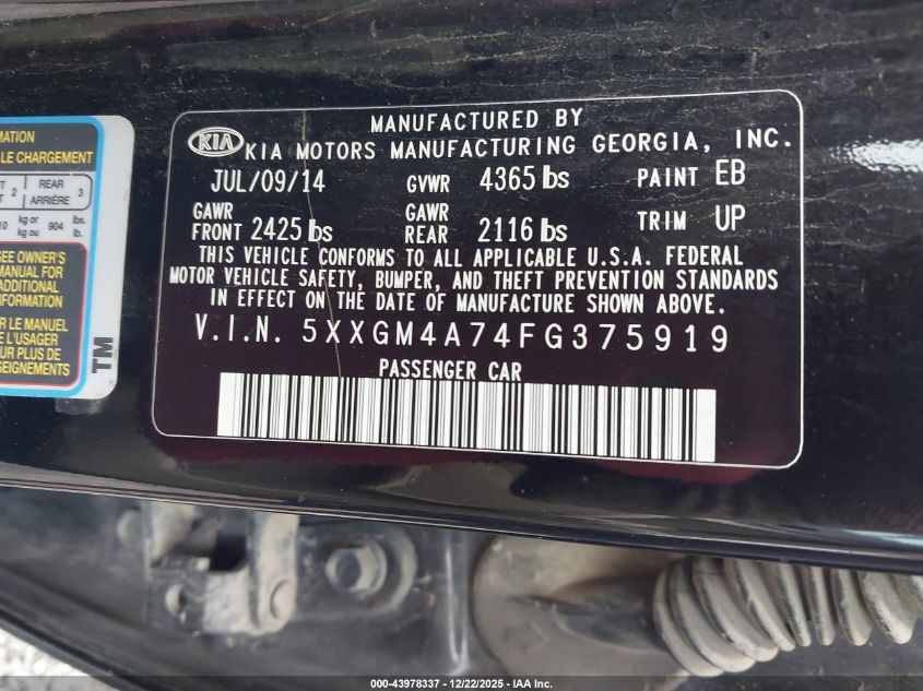 2015 Kia Optima Lx VIN: 5XXGM4A74FG375919 Lot: 43978337