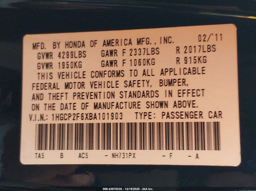 2011 Honda Accord 2.4 Se VIN: 1HGCP2F6XBA101903 Lot: 43978338