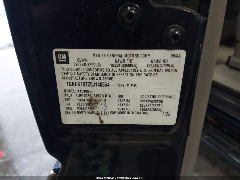 2005 GMC Yukon Xl 1500 Slt VIN: 1GKFK16Z55J140664 Lot: 43978345