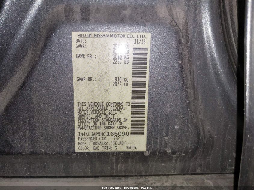 2017 Nissan Altima 2.5 Sl VIN: 1N4AL3AP9HC166090 Lot: 43978346