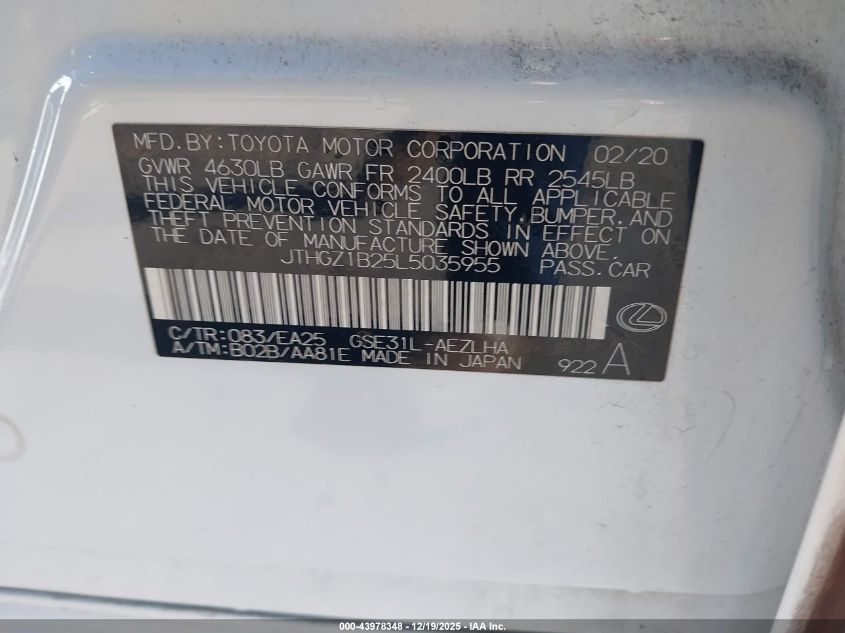 2020 Lexus Is 350 VIN: JTHGZ1B25L5035955 Lot: 43978348