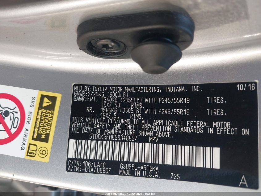 2016 Toyota Highlander Limited V6 VIN: 5TDDKRFH6GS348857 Lot: 43978352