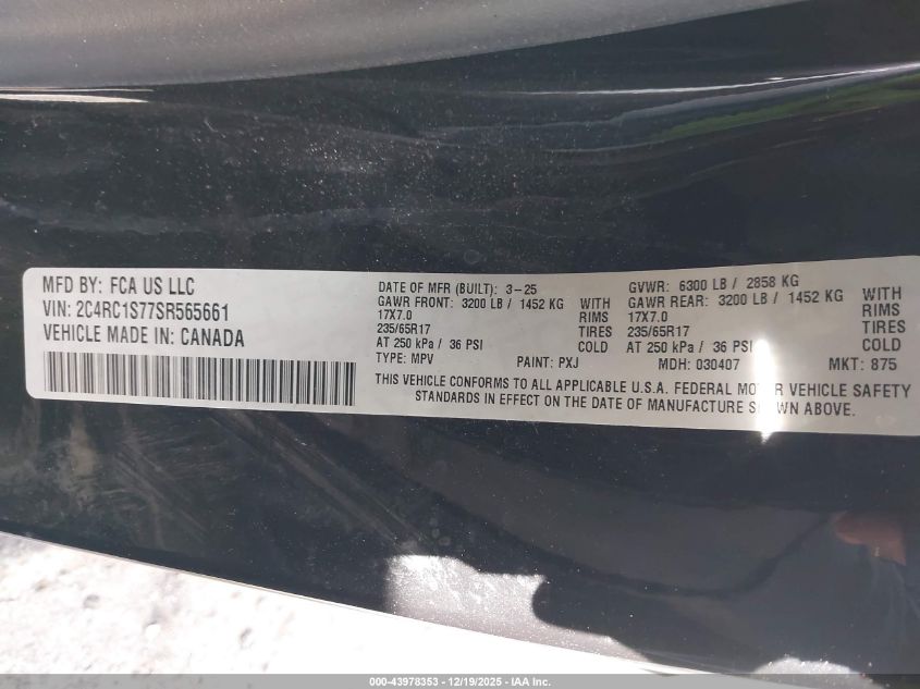 2025 Chrysler Pacifica Hybrid Select VIN: 2C4RC1S77SR565661 Lot: 43978353