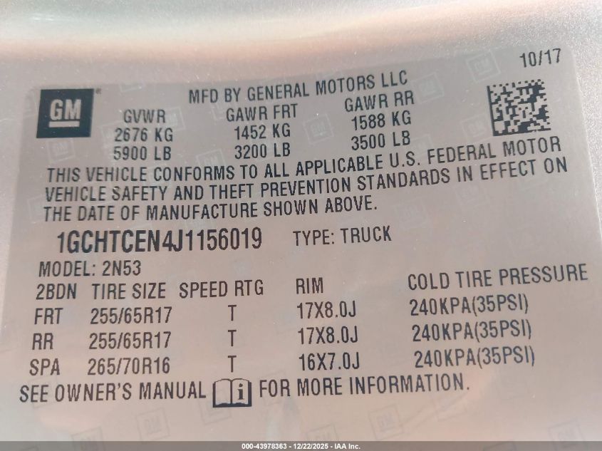 2018 Chevrolet Colorado Lt VIN: 1GCHTCEN4J1156019 Lot: 43978363