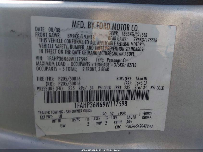 2009 Ford Focus Ses VIN: 1FAHP36N69W117598 Lot: 43978365