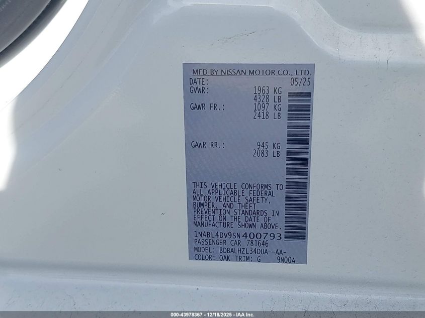 2025 Nissan Altima Sv Fwd VIN: 1N4BL4DV9SN400793 Lot: 43978367