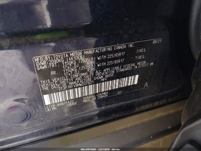 2021 Toyota Rav4 Xle VIN: 2T3P1RFV8MW227621 Lot: 43978369