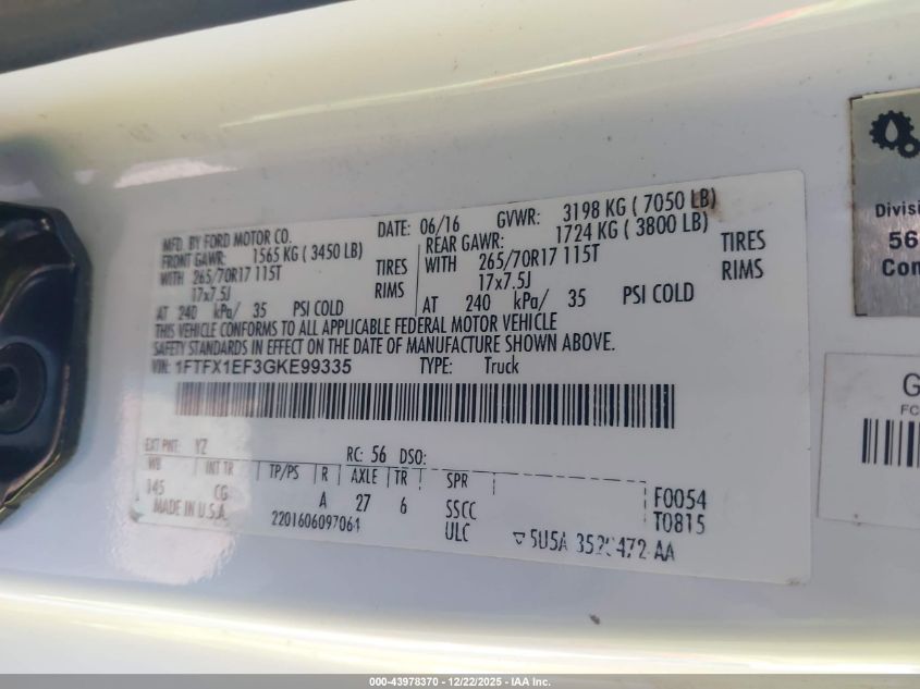 2016 Ford F-150 Xl VIN: 1FTFX1EF3GKE99335 Lot: 43978370