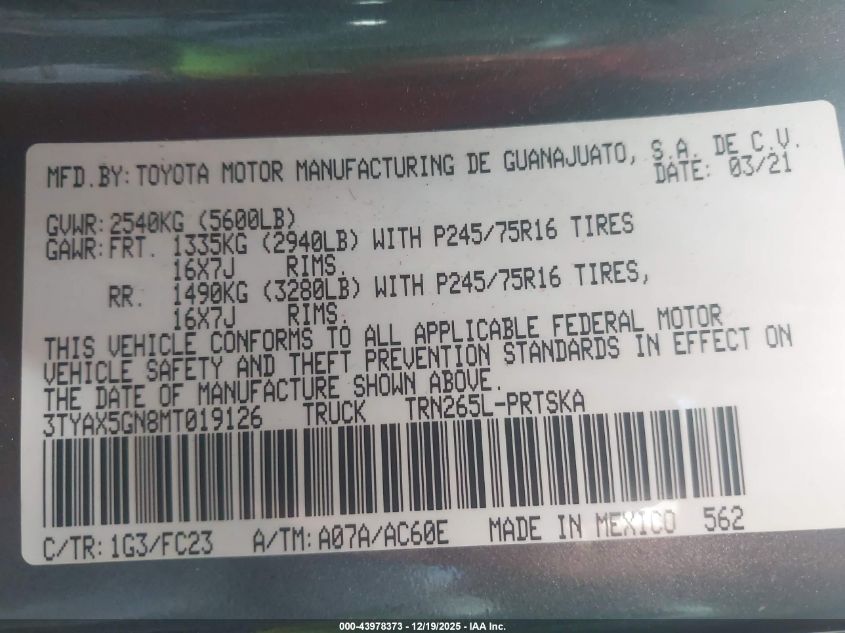 2021 Toyota Tacoma Sr5 VIN: 3TYAX5GN8MT019126 Lot: 43978373
