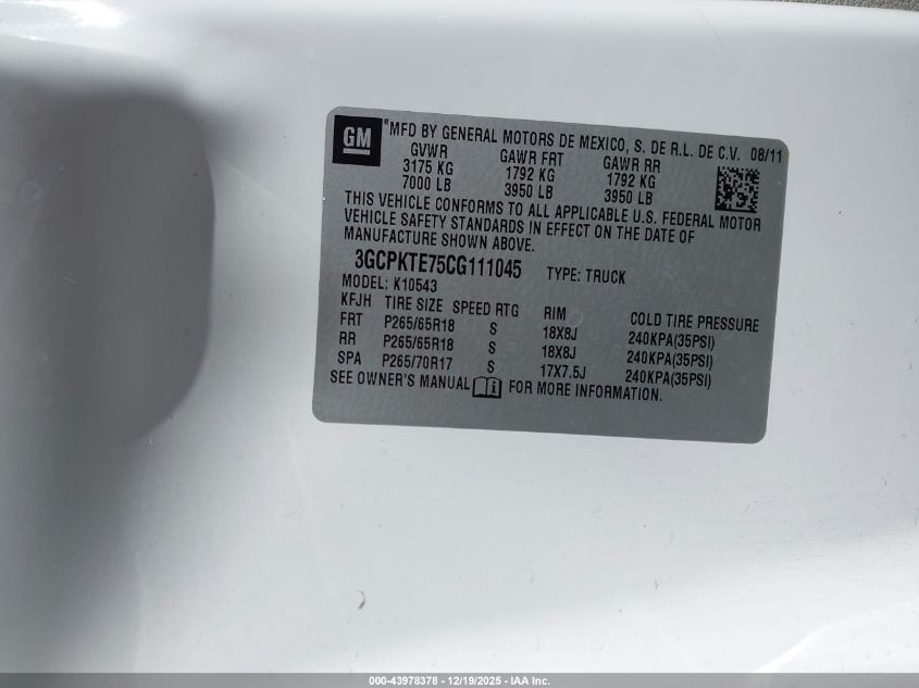 2012 Chevrolet Silverado 1500 Ltz VIN: 3GCPKTE75CG111045 Lot: 43978378