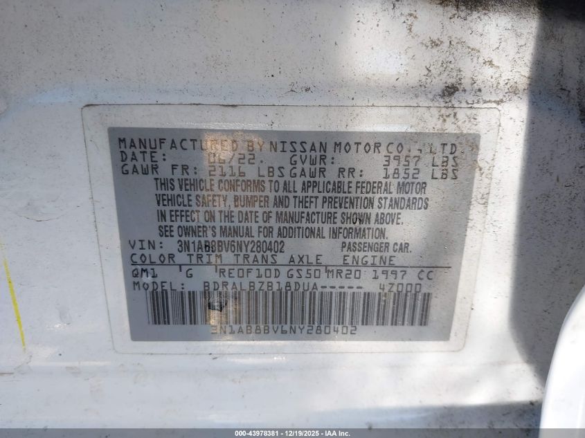 2022 Nissan Sentra S Xtronic Cvt VIN: 3N1AB8BV6NY280402 Lot: 43978381