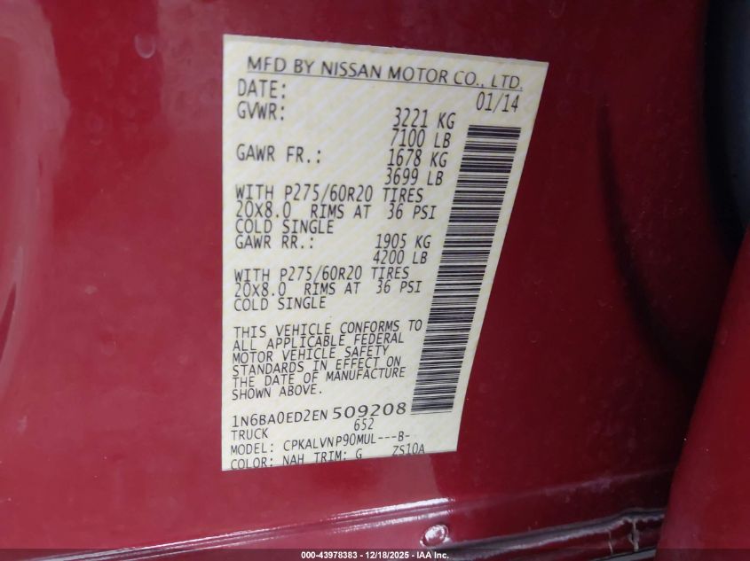 2014 Nissan Titan Sl VIN: 1N6BA0ED2EN509208 Lot: 43978383