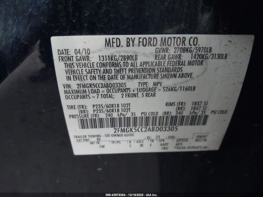 2010 Ford Flex Sel VIN: 2FMGK5CC2ABD03305 Lot: 43978384