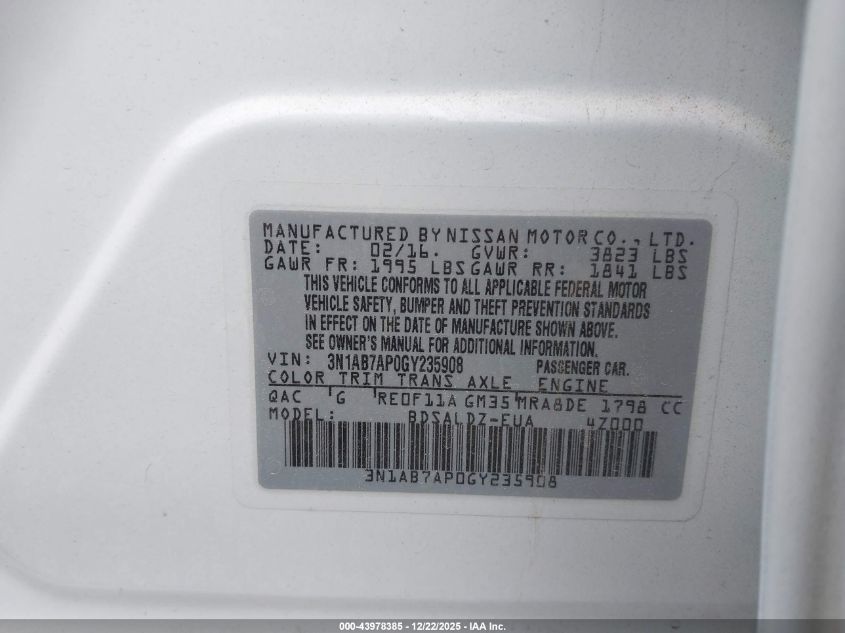 2016 Nissan Sentra Sv VIN: 3N1AB7AP0GY235908 Lot: 43978385