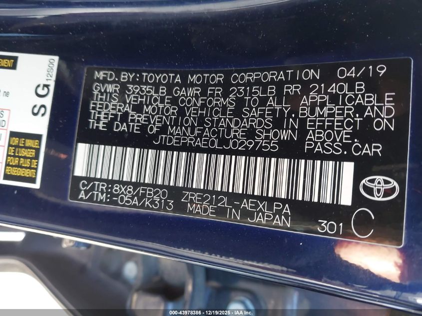 2020 Toyota Corolla Le VIN: JTDEPRAE0LJ029755 Lot: 43978386