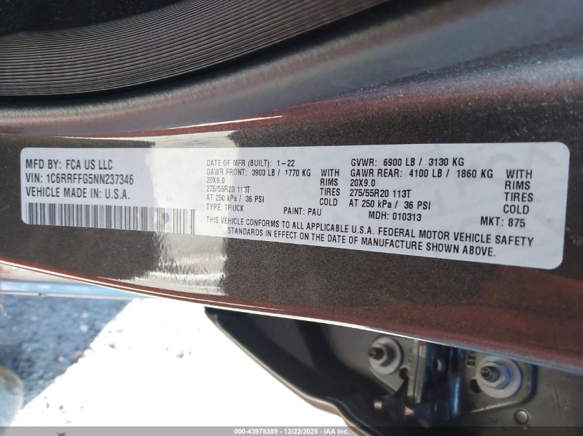 2022 Ram 1500 Big Horn 4X4 5'7 Box VIN: 1C6RRFFG5NN237346 Lot: 43978389