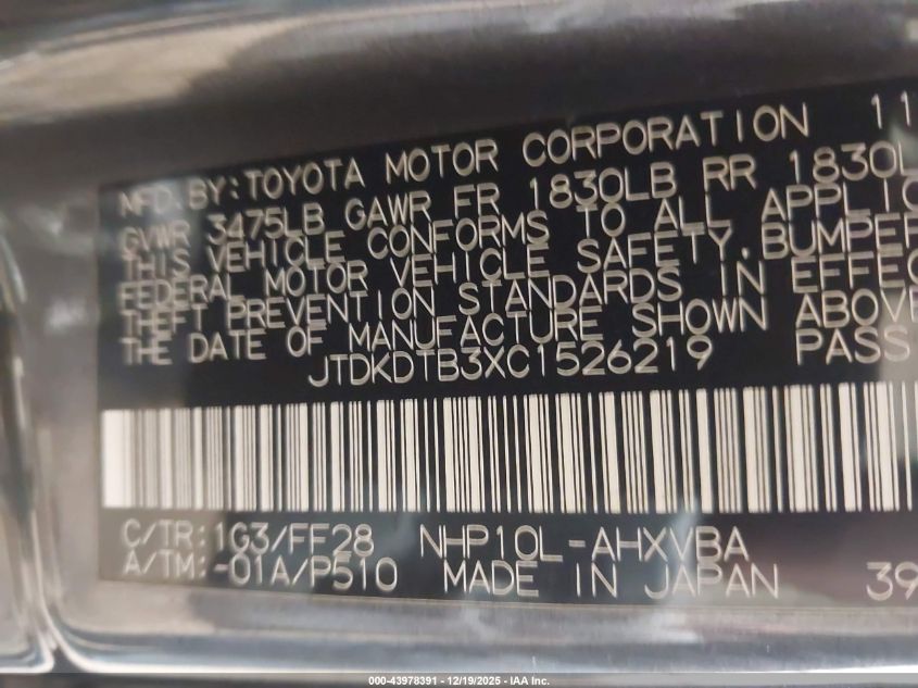 2012 Toyota Prius C Two VIN: JTDKDTB3XC1526219 Lot: 43978391