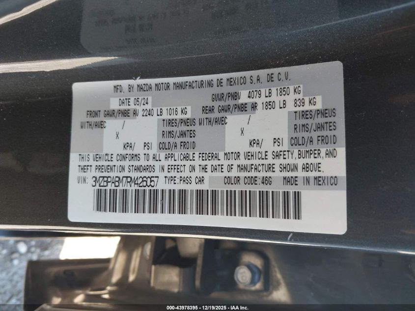 2024 Mazda Mazda3 2.5 S Select Sport VIN: 3MZBPABM7RM426057 Lot: 43978395