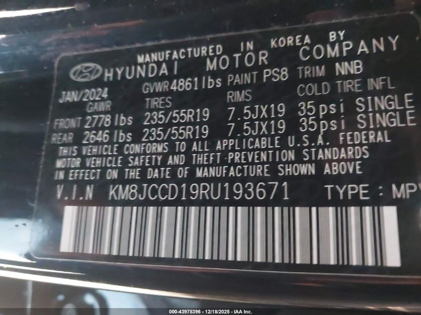 2024 Hyundai Tucson Hybrid Sel Convenience VIN: KM8JCCD19RU193671 Lot: 43978396