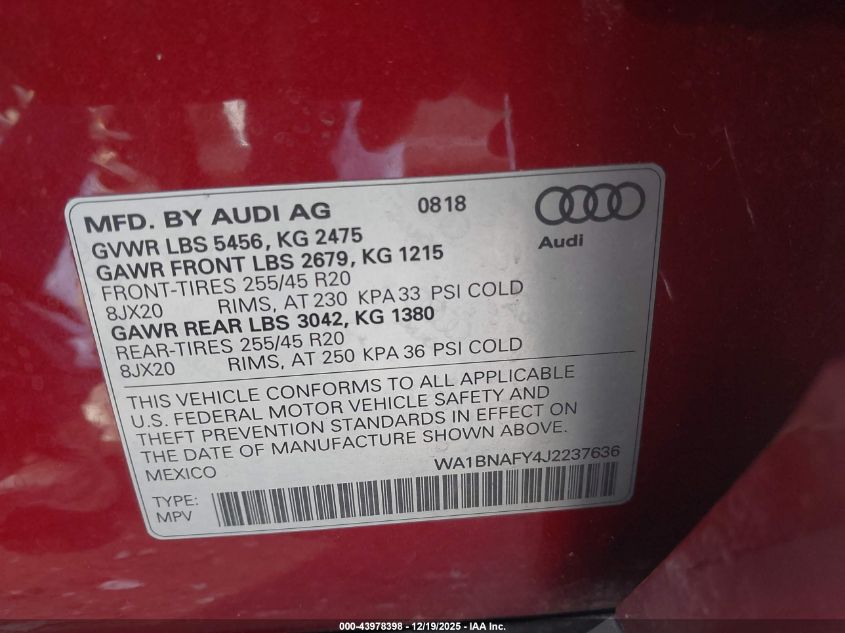 2018 Audi Q5 2.0T Premium/2.0T Tech Premium VIN: WA1BNAFY4J2237636 Lot: 43978398