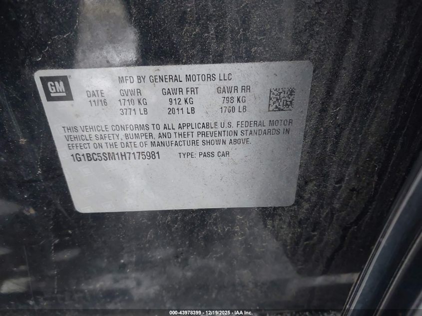 2017 Chevrolet Cruze Ls Auto VIN: 1G1BC5SM1H7175981 Lot: 43978399