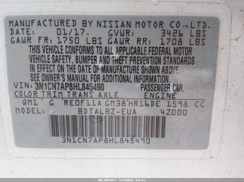 2017 Nissan Versa 1.6 Sv VIN: 3N1CN7AP8HL845490 Lot: 43978411