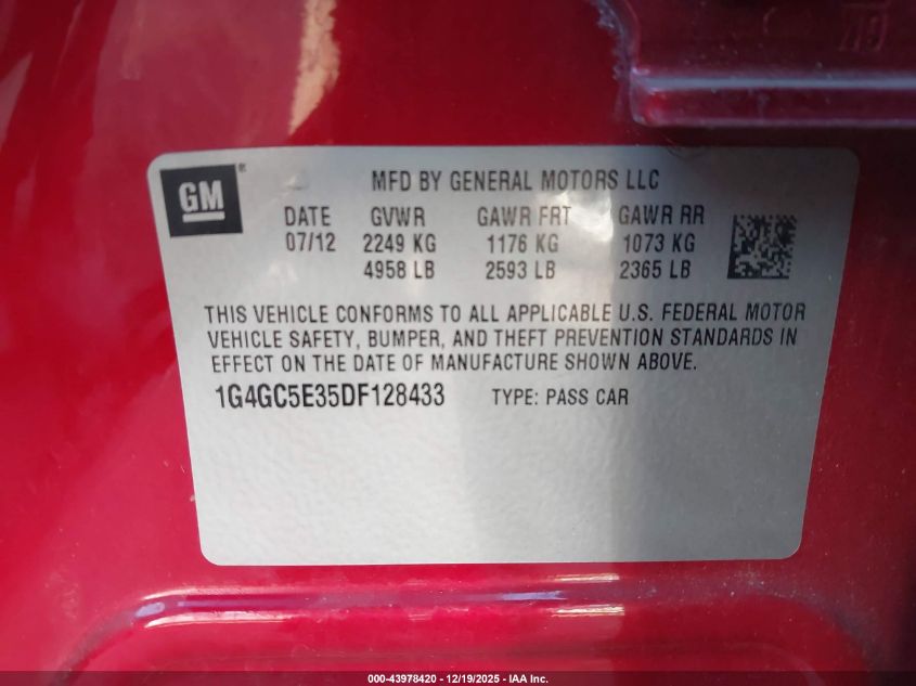 2013 Buick Lacrosse Leather Group VIN: 1G4GC5E35DF128433 Lot: 43978420