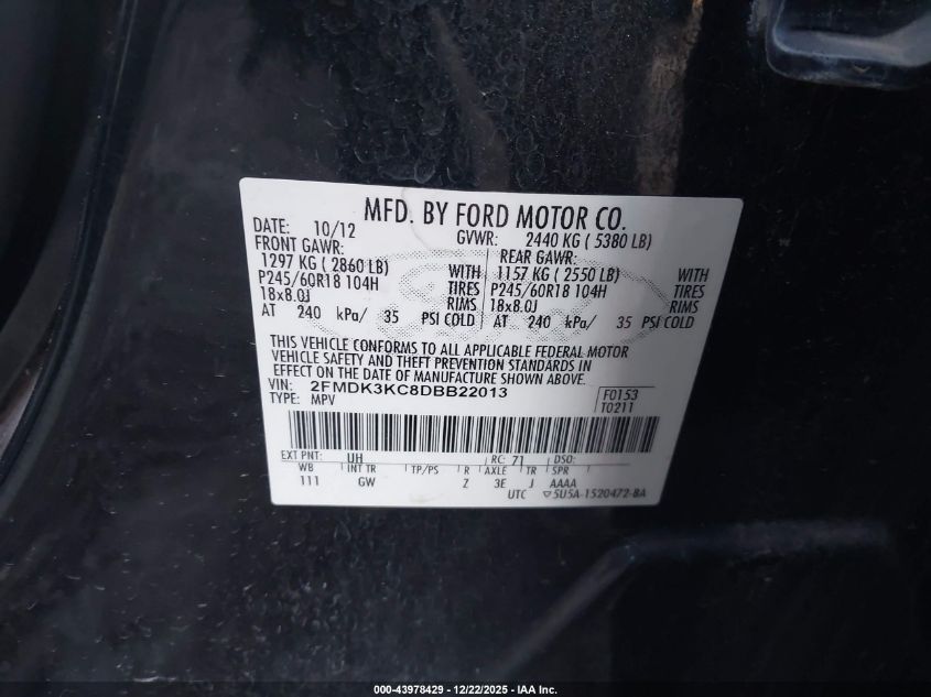 2013 Ford Edge Limited VIN: 2FMDK3KC8DBB22013 Lot: 43978429