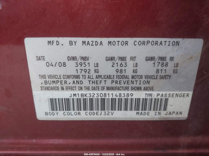 2008 Mazda Mazda3 S Touring VIN: JM1BK323081148389 Lot: 43978430