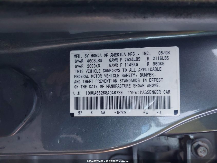 2008 Acura Tl 3.2 VIN: 19UUA66268A046739 Lot: 43978432