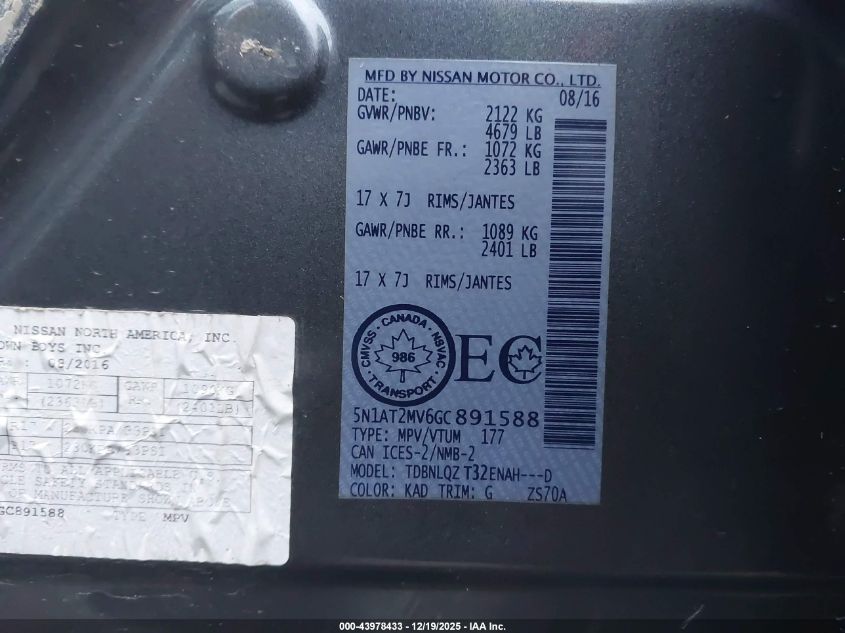 2016 Nissan Rogue S/Sl/Sv VIN: 5N1AT2MV6GC891588 Lot: 43978433