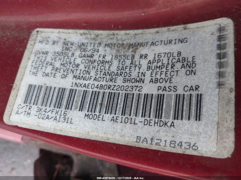 1994 Toyota Corolla VIN: 1NXAE04B0RZ202372 Lot: 43978438